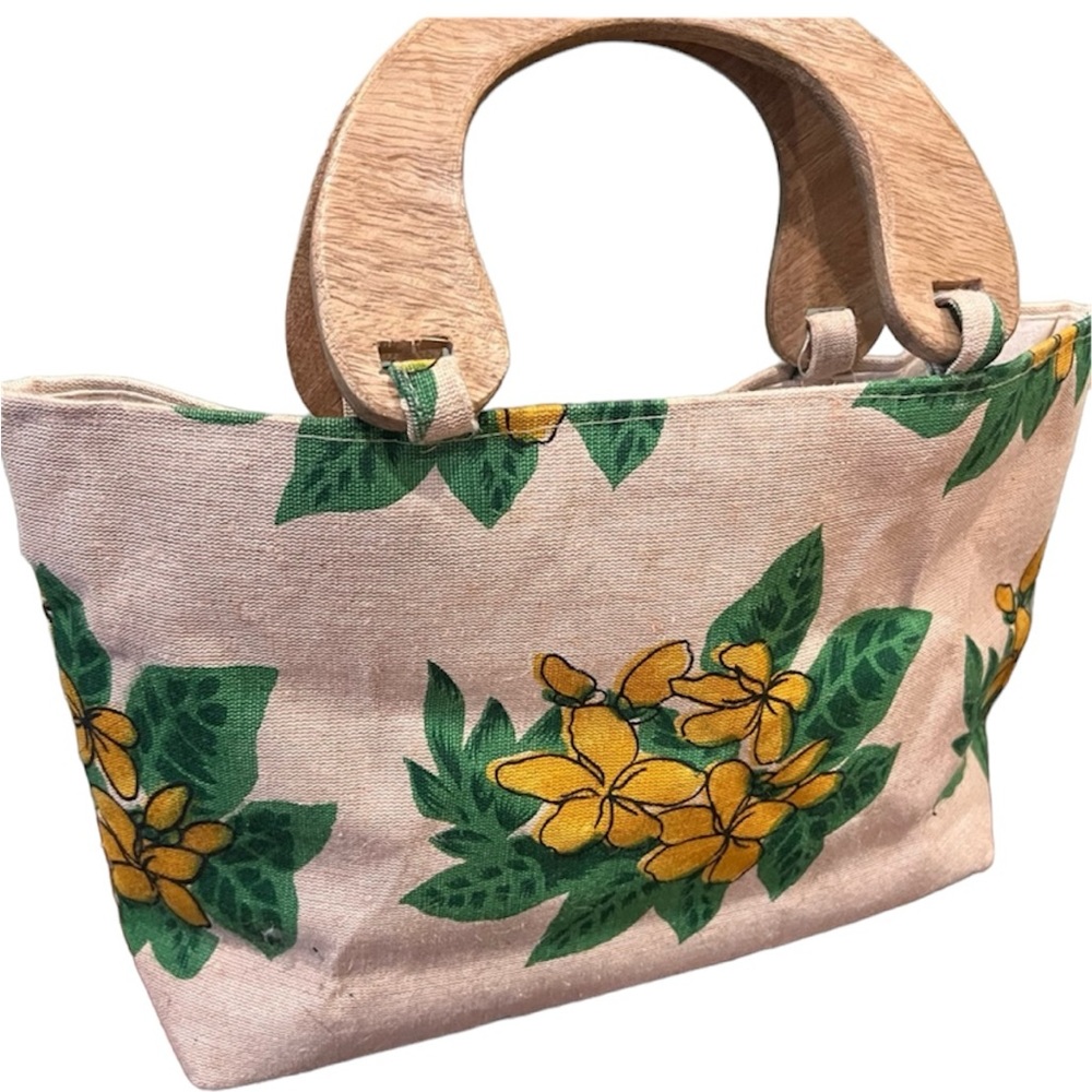 Vintage JUTE/BURLAP BAG, LINING 100% COTTON, HANDLE 100% WOOD. EUC